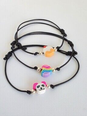 Set of 3 Handmade Adjustable Kawaii Cord Bracelets Panda Rainbow Cupcake